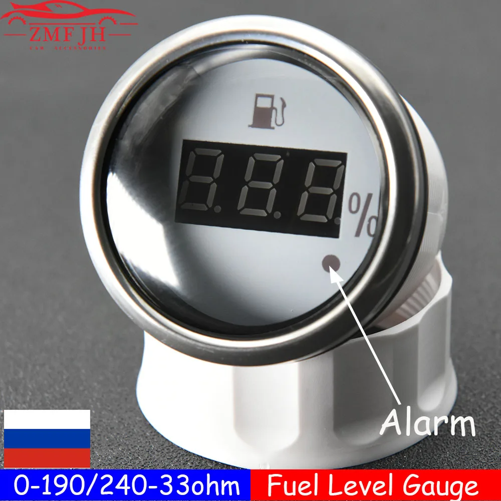 2'' LED Auto Car Boat Marine Digital Fuel Level Gauge Meter 0-190Ω Waterproof Fuel Level Meter with Alarm for Fuel Level Sensor