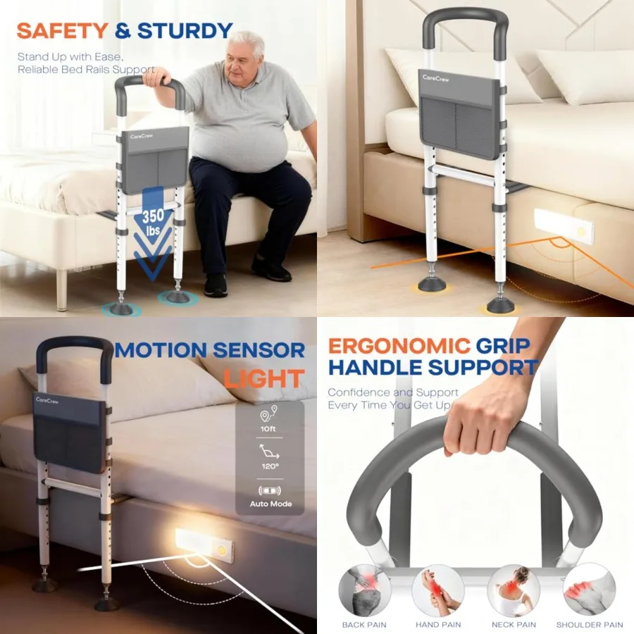 

Bed Rails for Elderly Adults Safety: Bed Rails for Seniors with Motion Lights and Storage Pouch, Adjustable Bedside Grab Bar, B