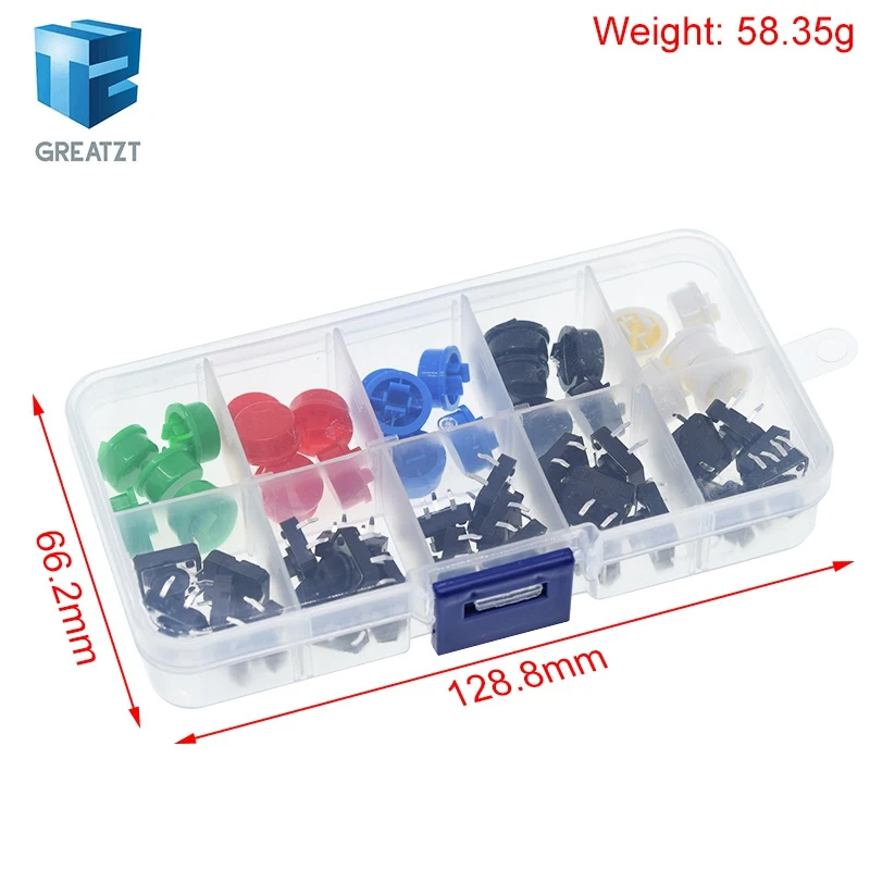 25PCS Tactile Push Button Switch Momentary 12*12*7.3MM Micro switch button + 25PCS Tact Cap(5 colors) for Arduino with Case