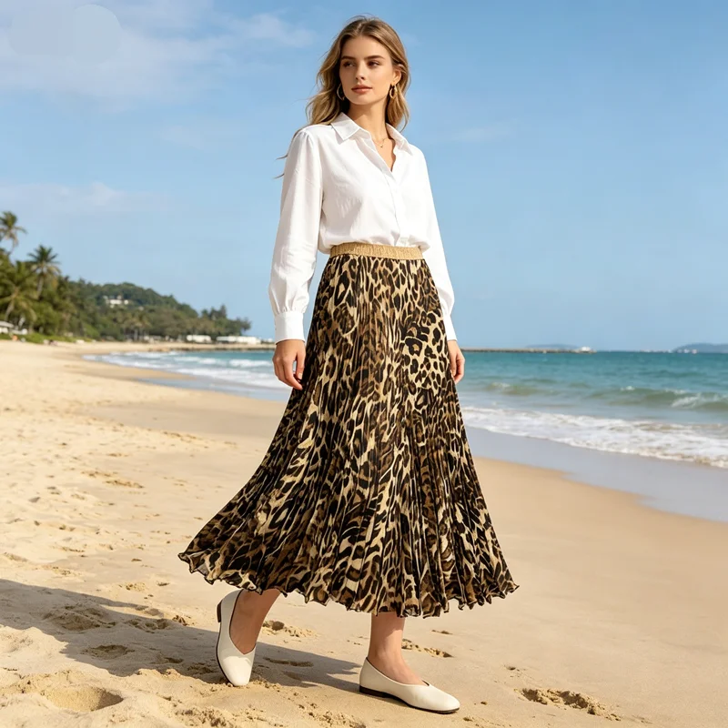 Summer Leopard Pleated Long Skirt Women Vintage Casual High Waisted A-line  Ankle-Length Beach Dance Party Skirt