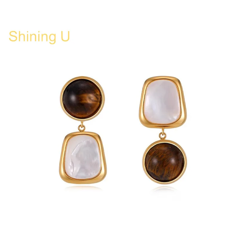Shining U Shell Tiger's Eye Dange Earrings for Women Fashion Jewelry Autumn