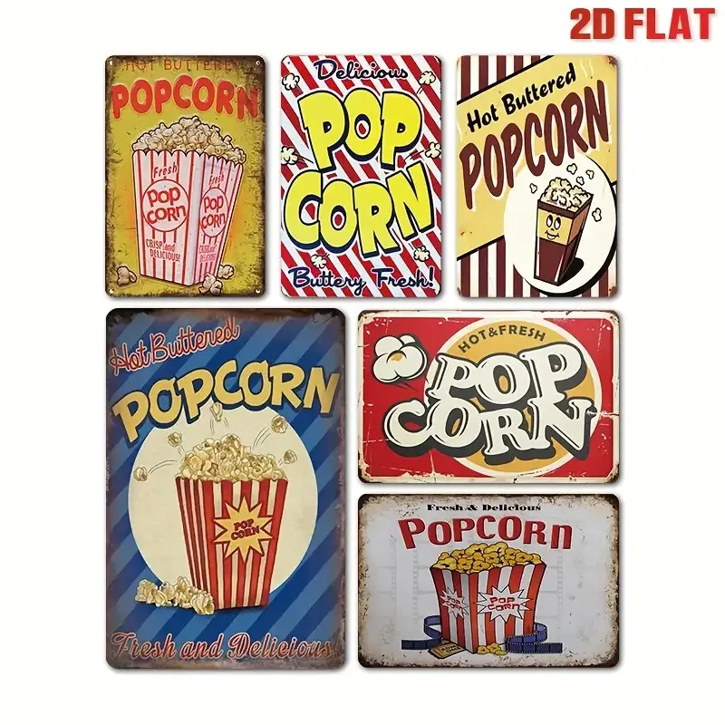 2D Flat - 6pcs Retro Popcorn Metal Sign - Home And Kitchen Decor Wall Art, Size 20.32X30.48 cm, 2D Flat, Cafe Decor, Classic Sig