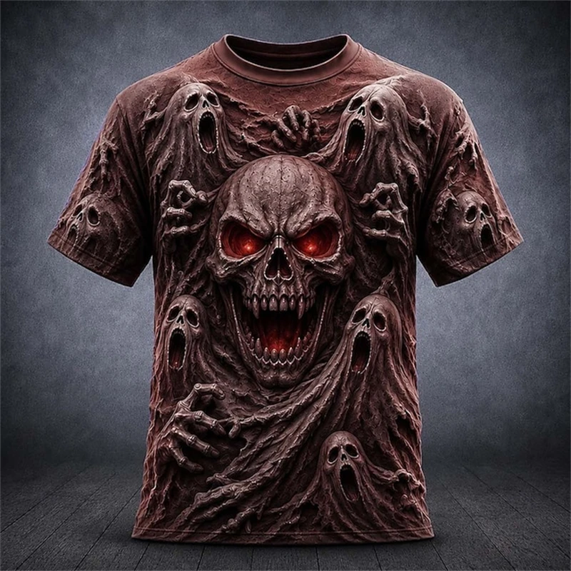 Halloween Men's Short-Sleeve T-Shirt with Scary Red Eyed Skull Print Loose Fit Fashionable and Trendy Holiday Men's Top