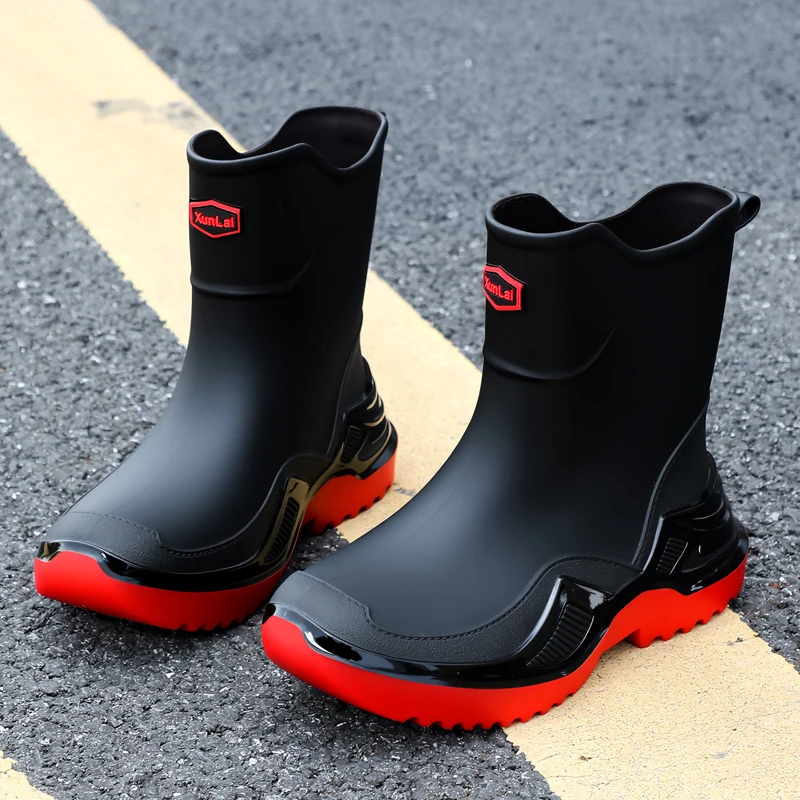 

Модные военные зеленые мужские короткие спортивные стильные водонепроницаемые утолщенные широкие противоскользящие резиновые сапоги стелька из ЭВА с квадратной головкой, ПВХ коврик