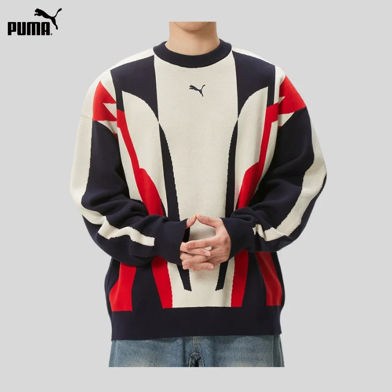 Puma Geometric Contrasting Color Crew Neck Knitted Sweater Men's and Women's Loose Sports Sweater Jumper 636881-16