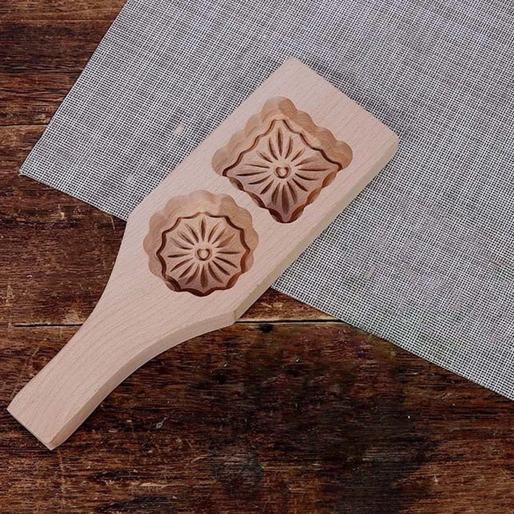 Natural Wood Wooden Mooncake Mold Clear Texture Double Slot Pastry Press Mould Hand Carved Style Durable Craft