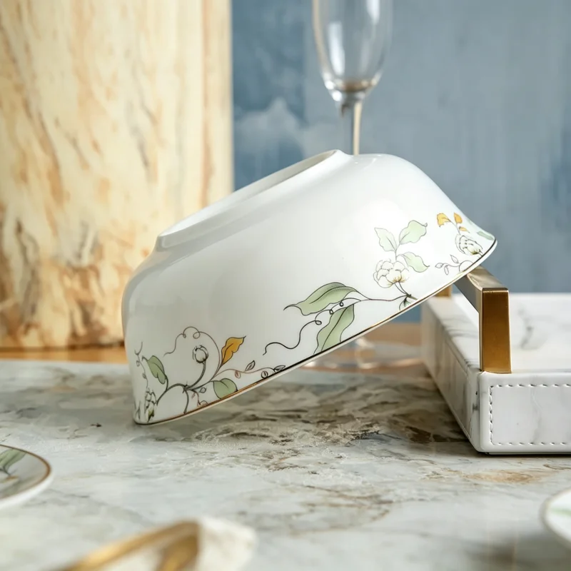 6 inch, fine bone china clear bowl, ceramic salad ramen noodle bowl, leaf golden string designed, microwave oven safe