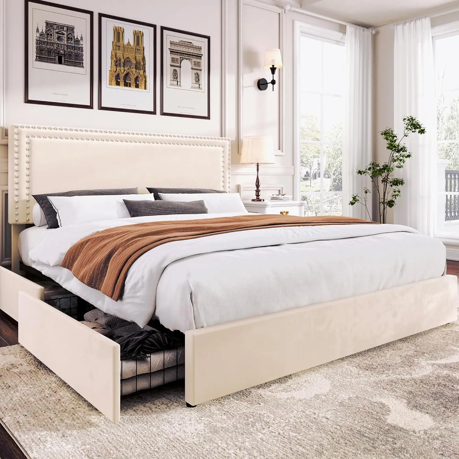 

Oversized Upholstered Platform Bedstead with 4 Storage Drawers, Adjustable Velvet Rivet Decorative Headboard,wooden Flat Noodles