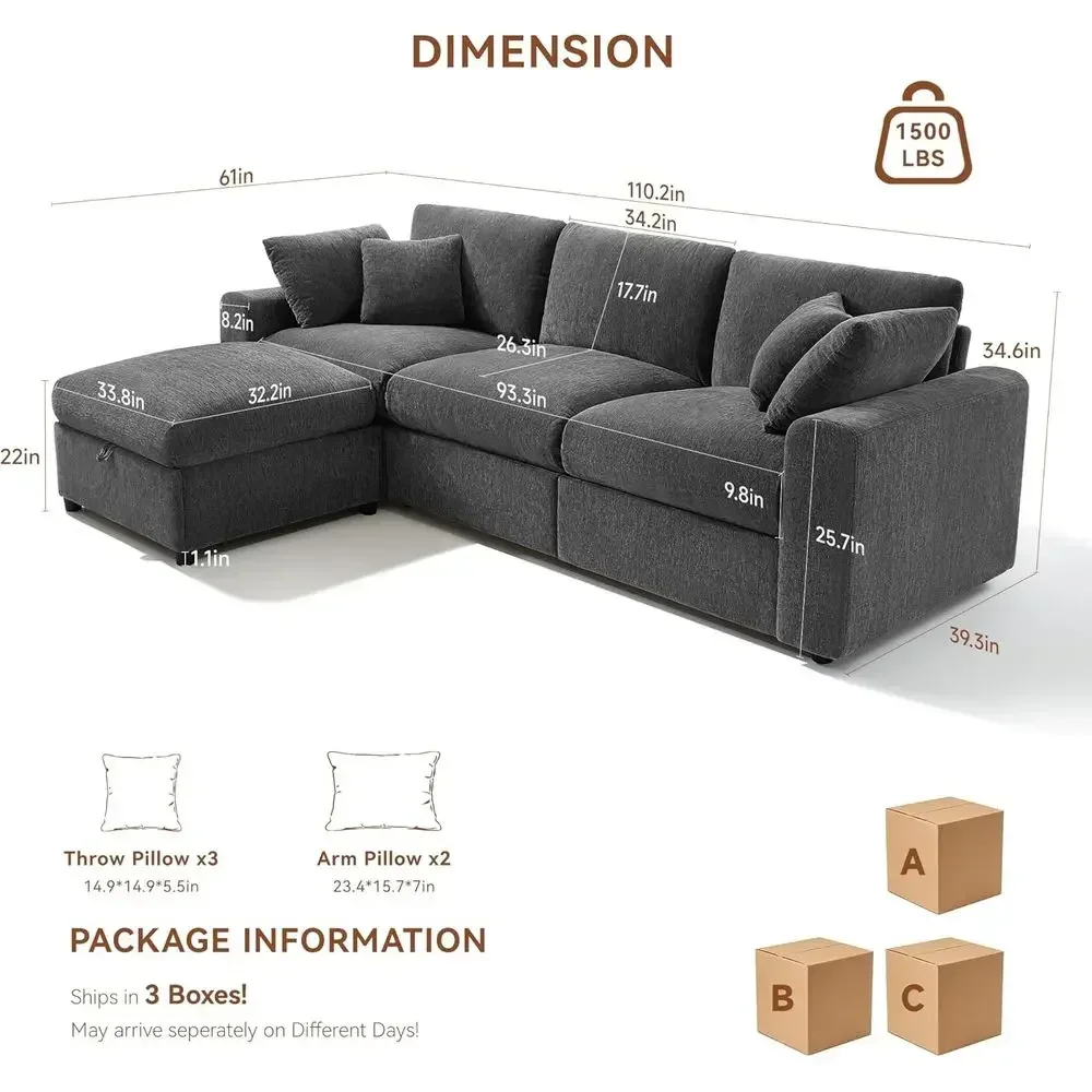 110 Inch Large L-Shaped Sectional Sofa with Deep Seating, Throw Pillows, and Storage Ottoman in Grey