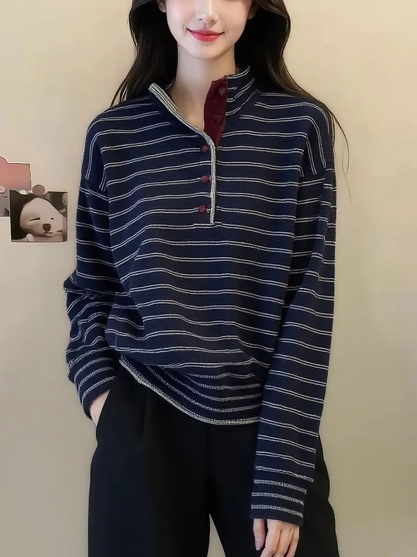 

Женский полосатый вязаный джемпер Ele с длинным рукавом, свободный повседневный топ, весна 2026, для работы и отдыха, теплый, модный, в корейском стиле