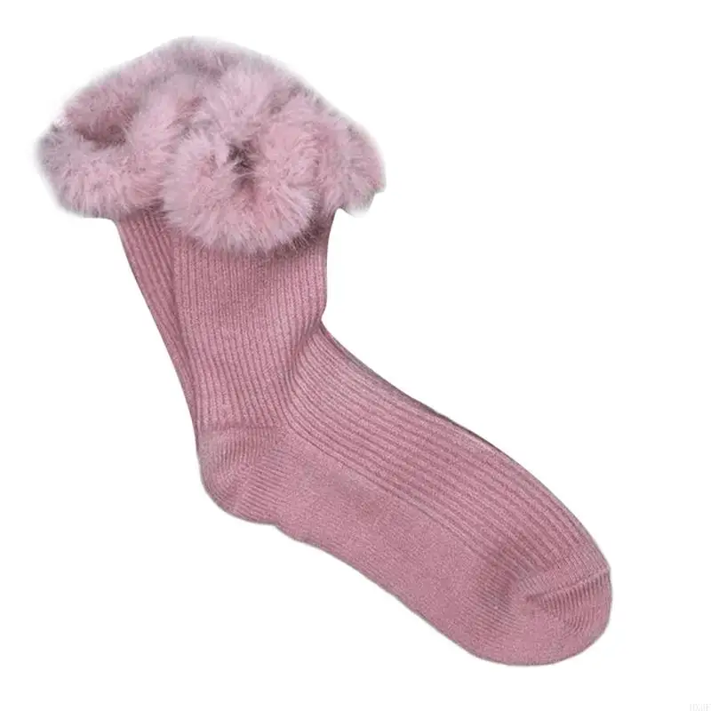 HX6F ผู้หญิงฤดูหนาว WARM หนาถุงเท้าขนสัตว์ Faux Ribbed ถัก Furry Plush Cuffs ถุงเท้าลูกเรือ