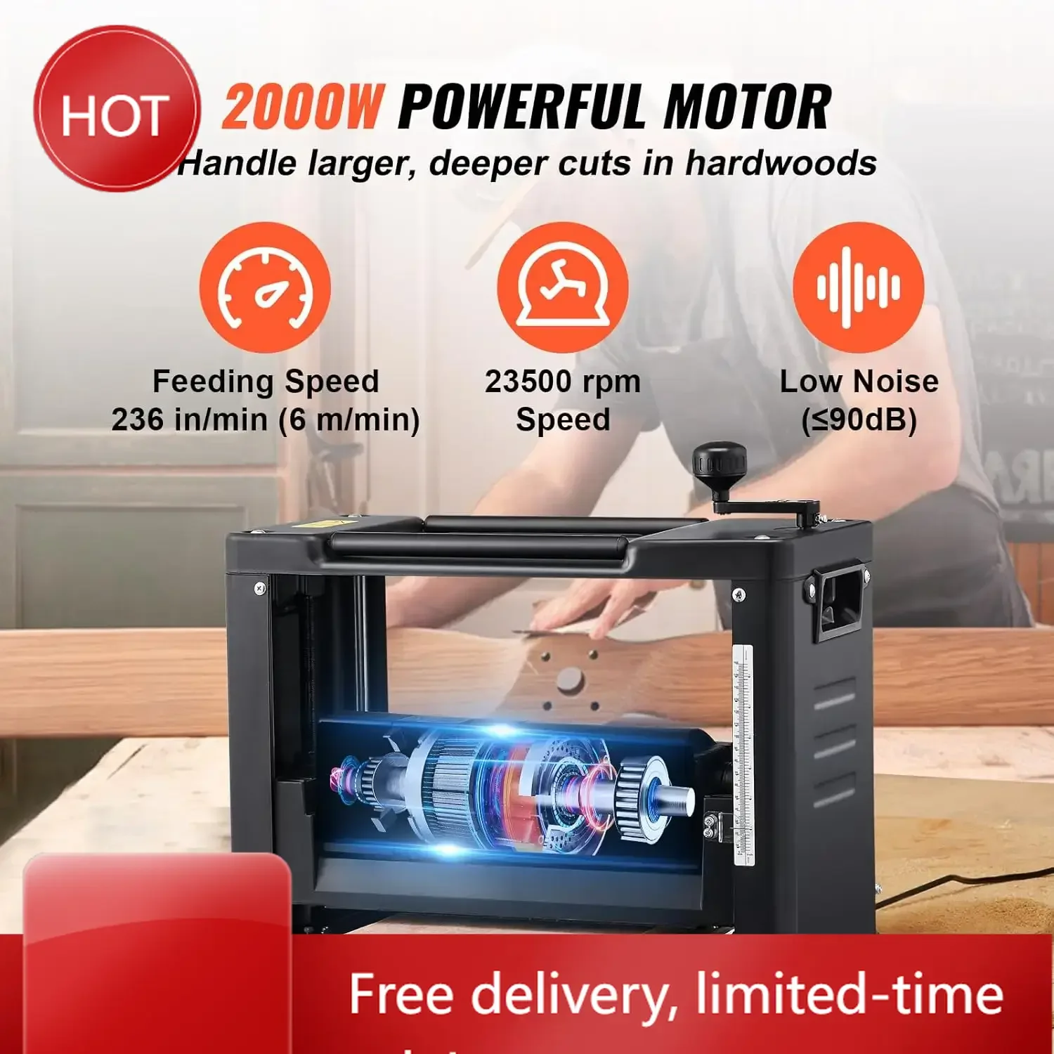 

Рубанок для регулировки толщины, 13-дюймовый настольный, с двумя лезвиями, мощный двигатель 15 А 1800 Вт, 12-дюймовая удлиненная подача материала, ограниченное предложение