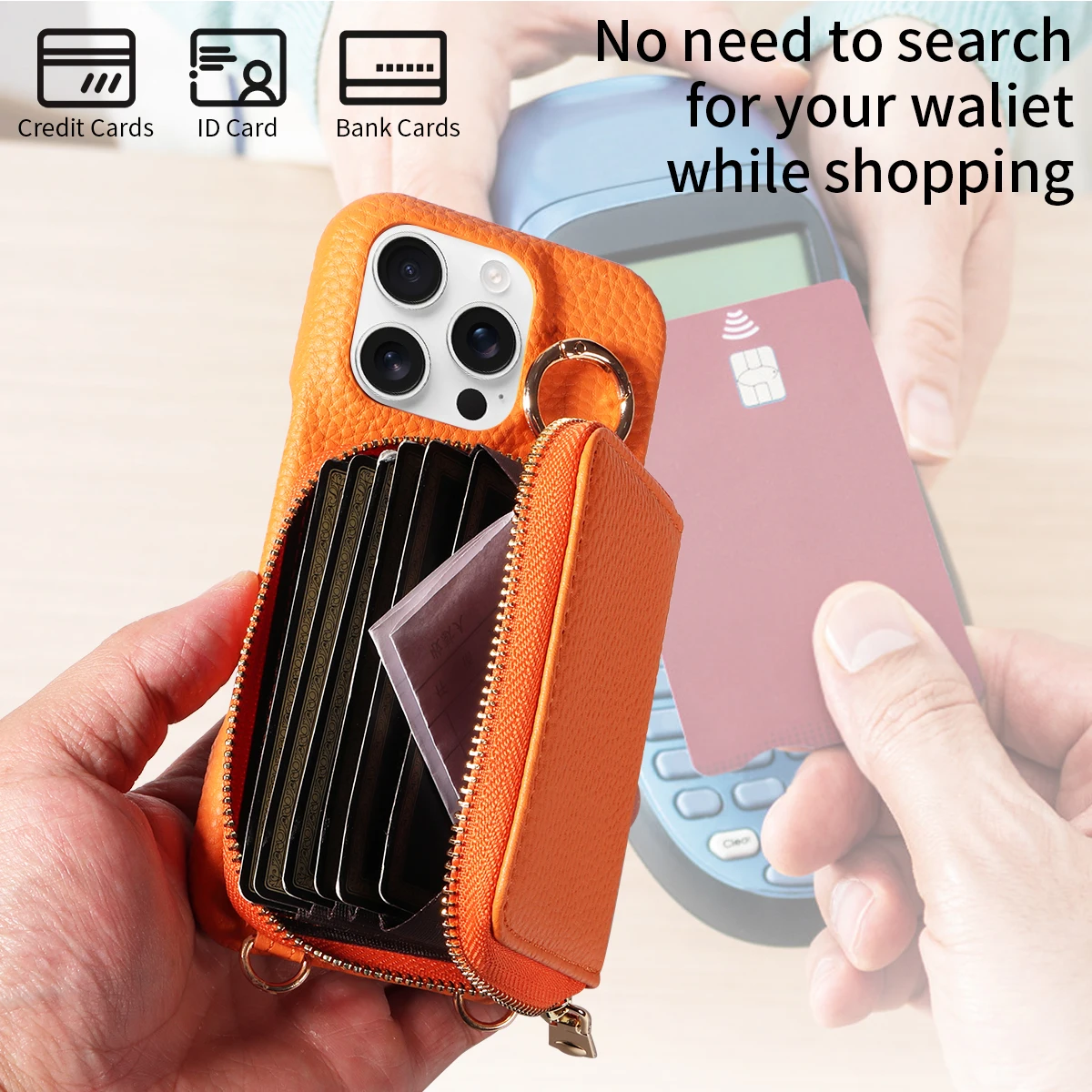 Hochwertige Kunstleder-Handyhülle für iPhone 16e 16 15 14 13 12 11 Pro Max Umhängetasche, Brieftasche mit Kartenfach, Anti-Entmagnetisierung – Detail 5