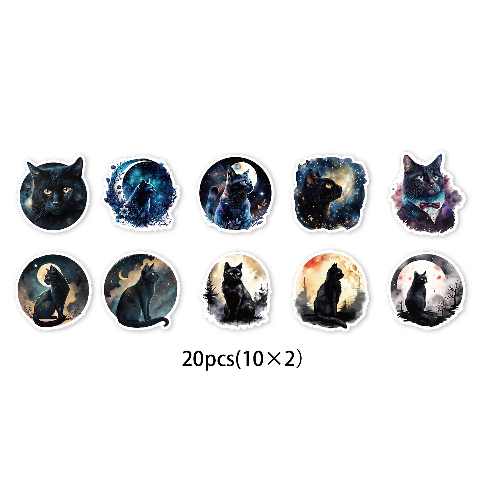 Autocollant chat noir rétro au clair de lune, 20 pièces, pour ordinateurs portables, bouteilles d'eau, valises, téléphones et Ipads, fournitures scolaires, autocollants