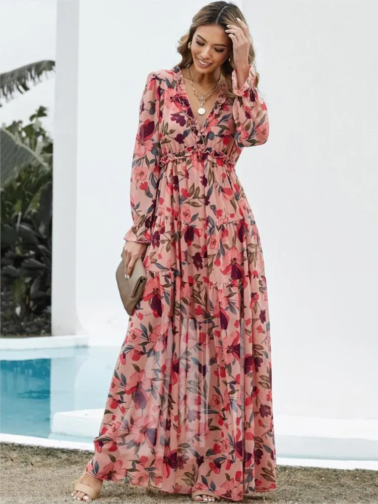 

Fashionable Printed Long Dress Pleated Edges Layered Long Sleeved Chiffon New Long Sleeved Women's Long Sleeved Evening Dress