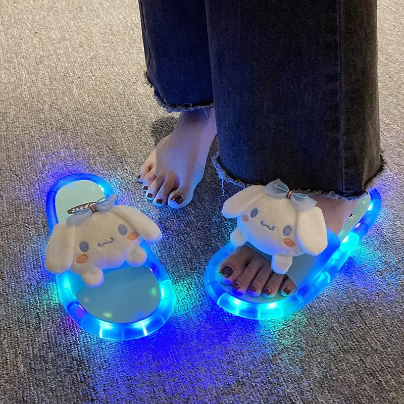 Hello Kitty Sanrio Kuromi Stitch Glow Slippers Wear Outside Beach Fashion Minority Cute One-line Sandals Girls Gifts