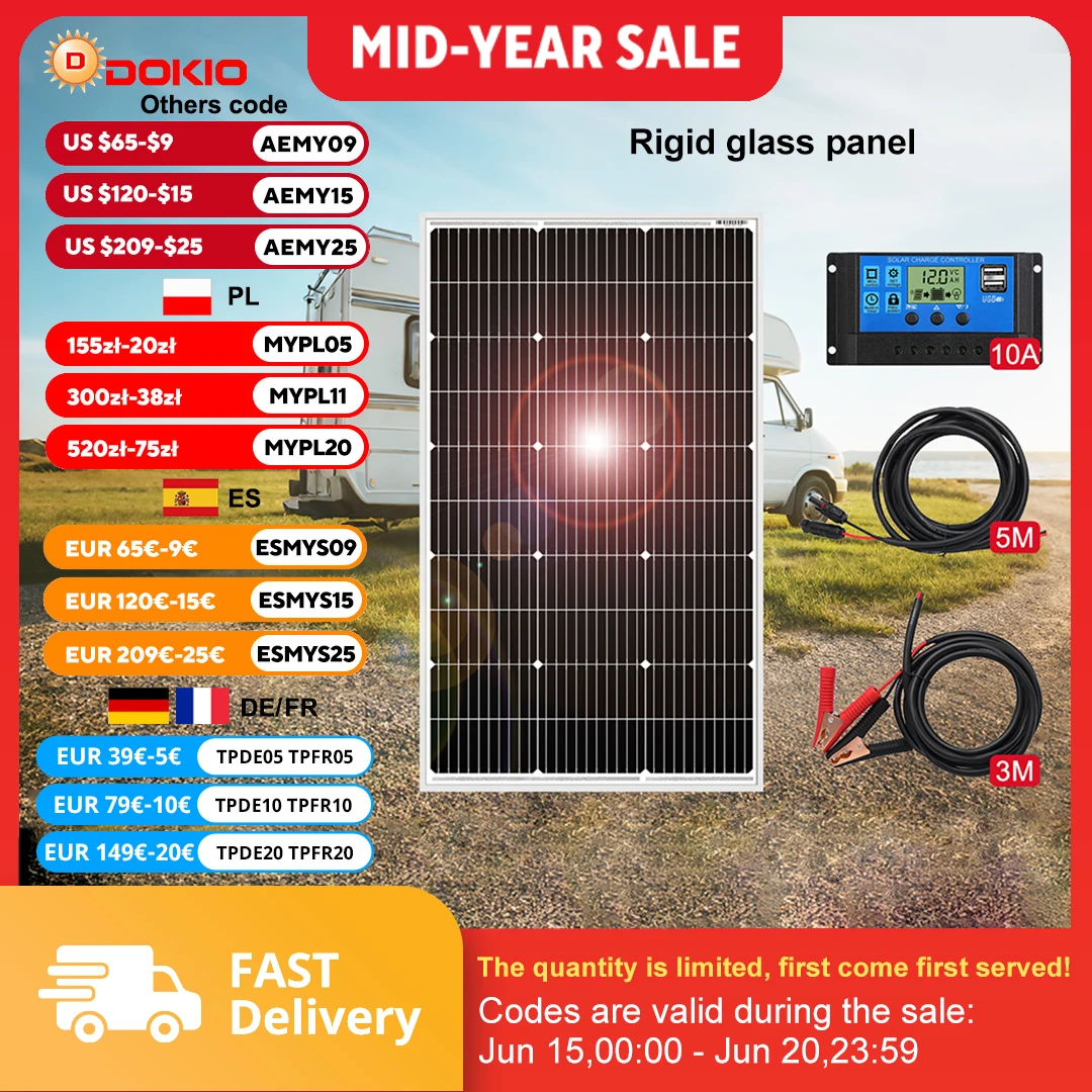 DOKIO 18V 100W paneles solares/Kit monocristalino de 100W Panel de célula impermeable fotovoltaico de 100 vatios para… — oferta en AliExpress