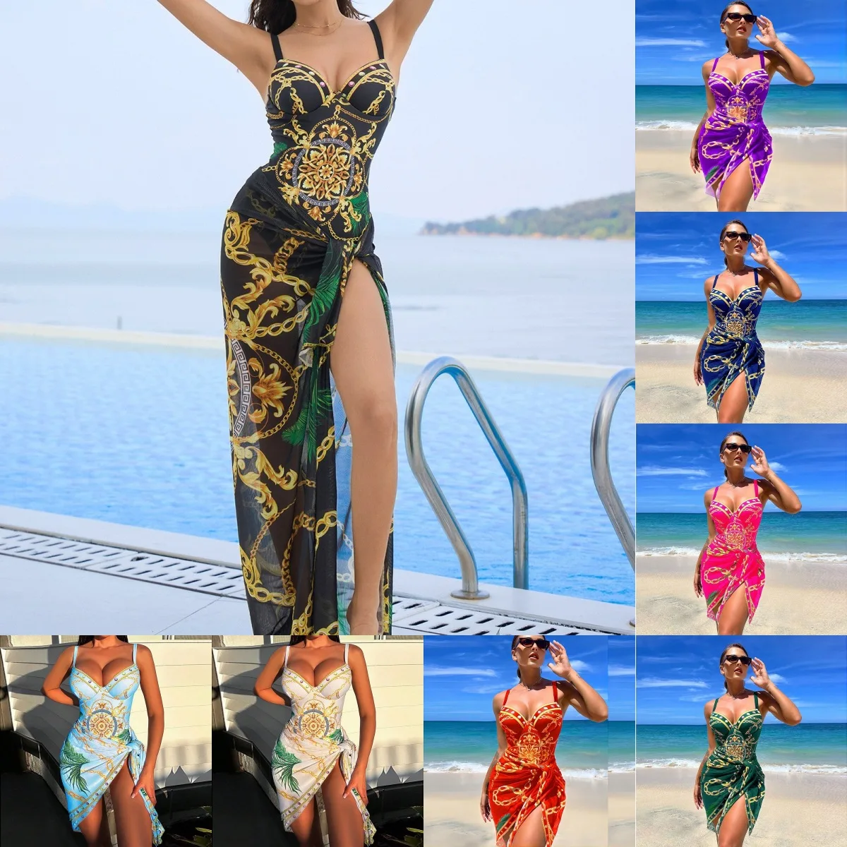 

2025 new European and American one-piece swimsuit women's sexy printed bikini blouse two-piece bikini