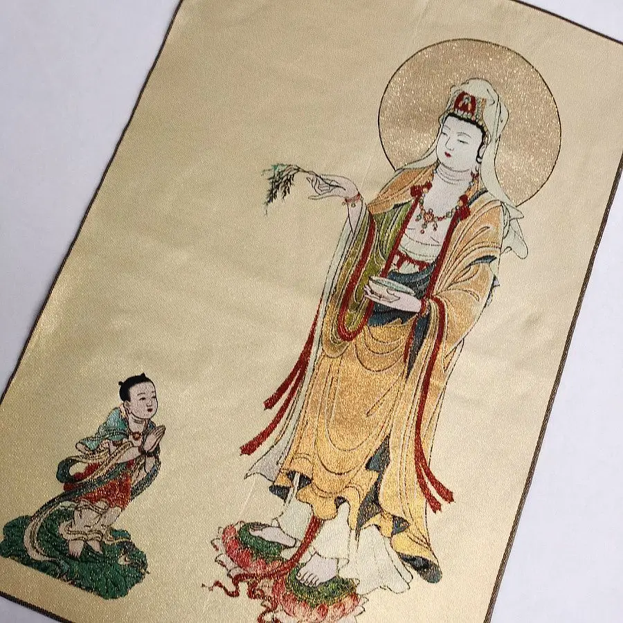 Tibet Tibetan Cloth Silk Willow Guanyin and Boy  Thangka Tangka Embroidery Painting