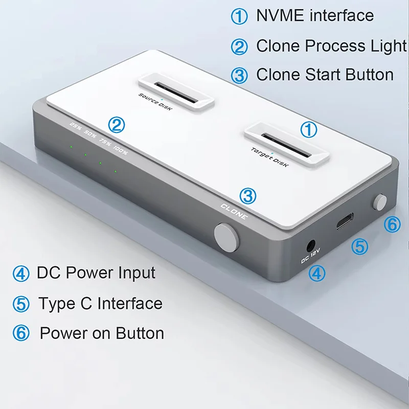 Hard Drive Cloning Enclosure One-Click Offline Cloning, Dual-Slot M.2 NVMe SSD External Enclosure, 10 Gbps, Supports 2×8 TB