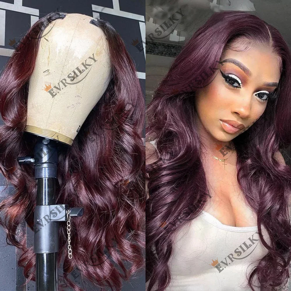 99j Burgundy V Part Wig Plum Body Wave 100% Virgin Brazilian Human Hair Wig Glueless Adjustable U Shape Dark Wine None Lace Wig