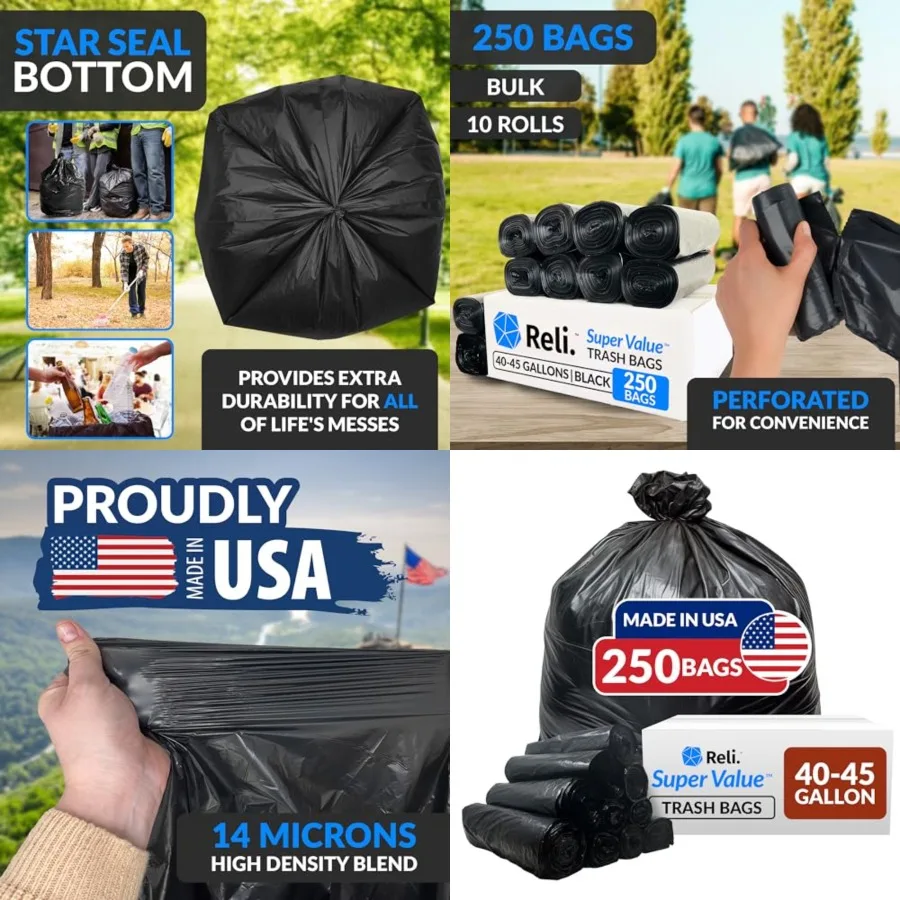 

40 to 45 Gallon Trash Bags Heavy Duty 250 Trash Bags Super Sizeable, Black, Garbage for Serious Cleanup