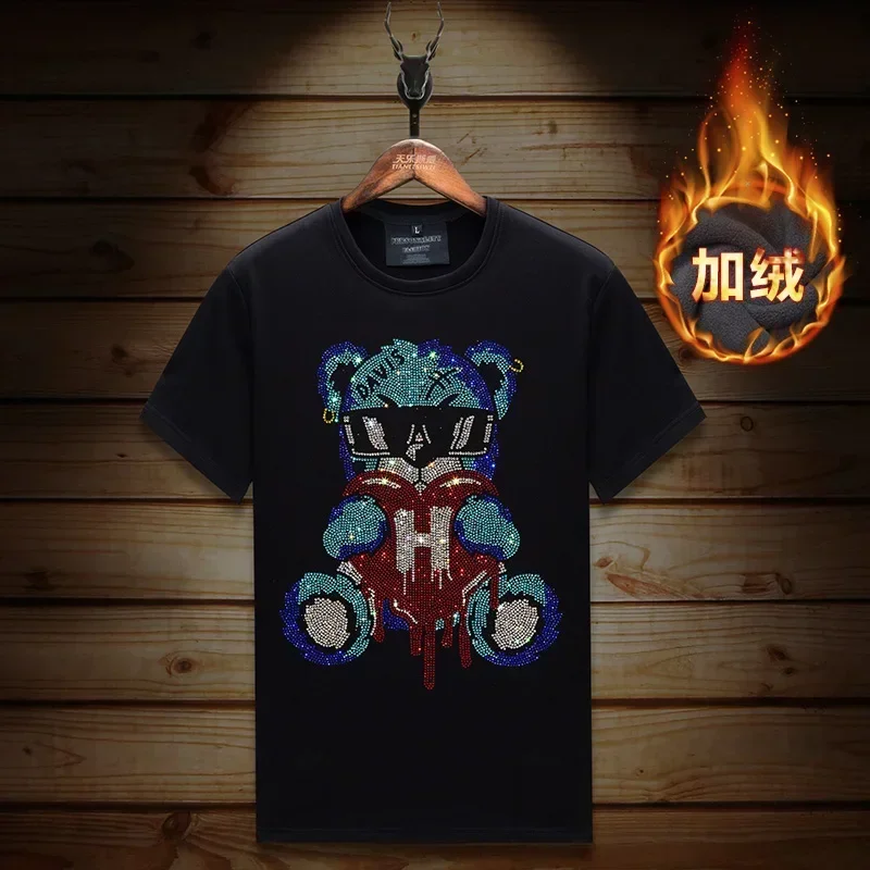 

Мужские футболки больших размеров со стразами и мультяшным медведем, зимние толстые бархатные уличные футболки с короткими рукавами и круглым вырезом, мужская одежда