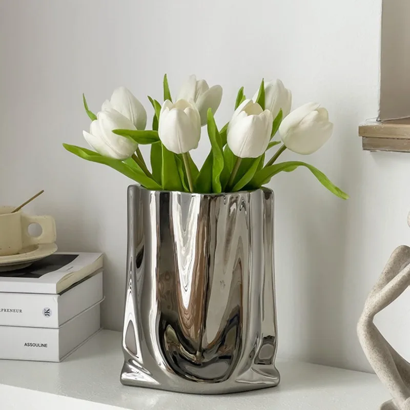 Ceramic Silver Vase Flower Arrangement Modern Nordic Tabletop Centerpiece Living Room Home Decoration Ornament Decor