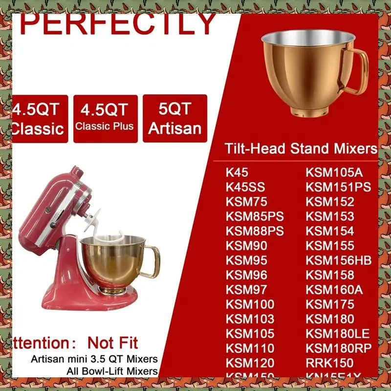 

ABLQ 5 QT Stainless Steel Mixer Bowl For Kitchenaid Artisan&Classic 4.5-5QT Tilt-Head Mixers K45 KSM70 KSM150