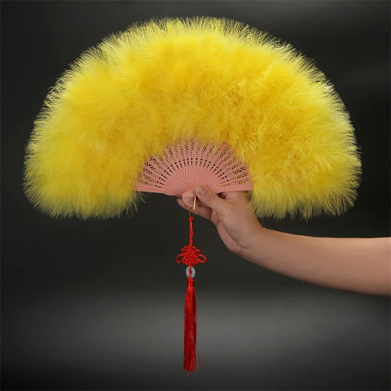 Elegant Folding Fan Full Velvet Colorful White Feather Fan Chinese Knot Hand Fan Fairy Girl Dance Wedding Party Decoration