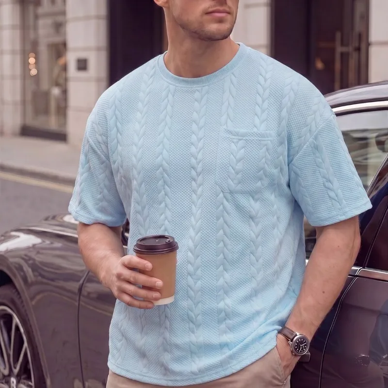Casual Texture Men Crew Neck Embossed Knit T Shirt Chest Pocket Short Sleeve Loose Summer Multi Color Daily Tops M-5XL