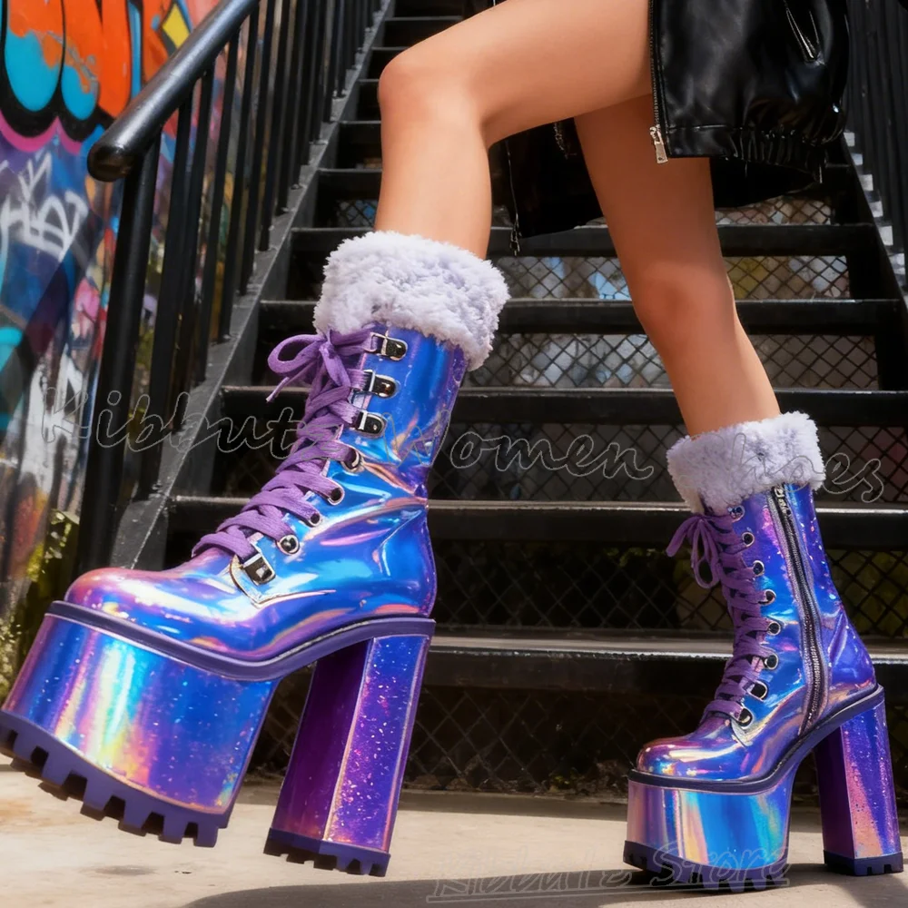 Furry Ankle Modern Boots Platform Leather Mixed Color Punk Rock Novelty Fashion Elegant Sweet Spicy Girls Shoes Round Toe Heels