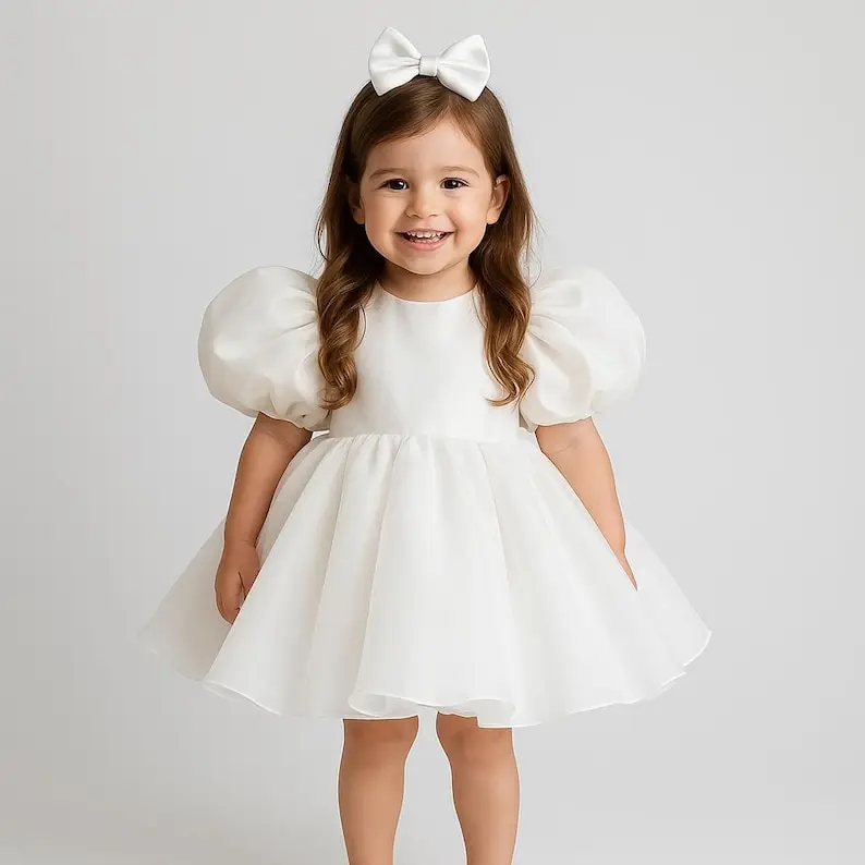White Organza Baby Dress: Puffy Sleeve Flower Girl Gown, Wedding, Elegant Handmade