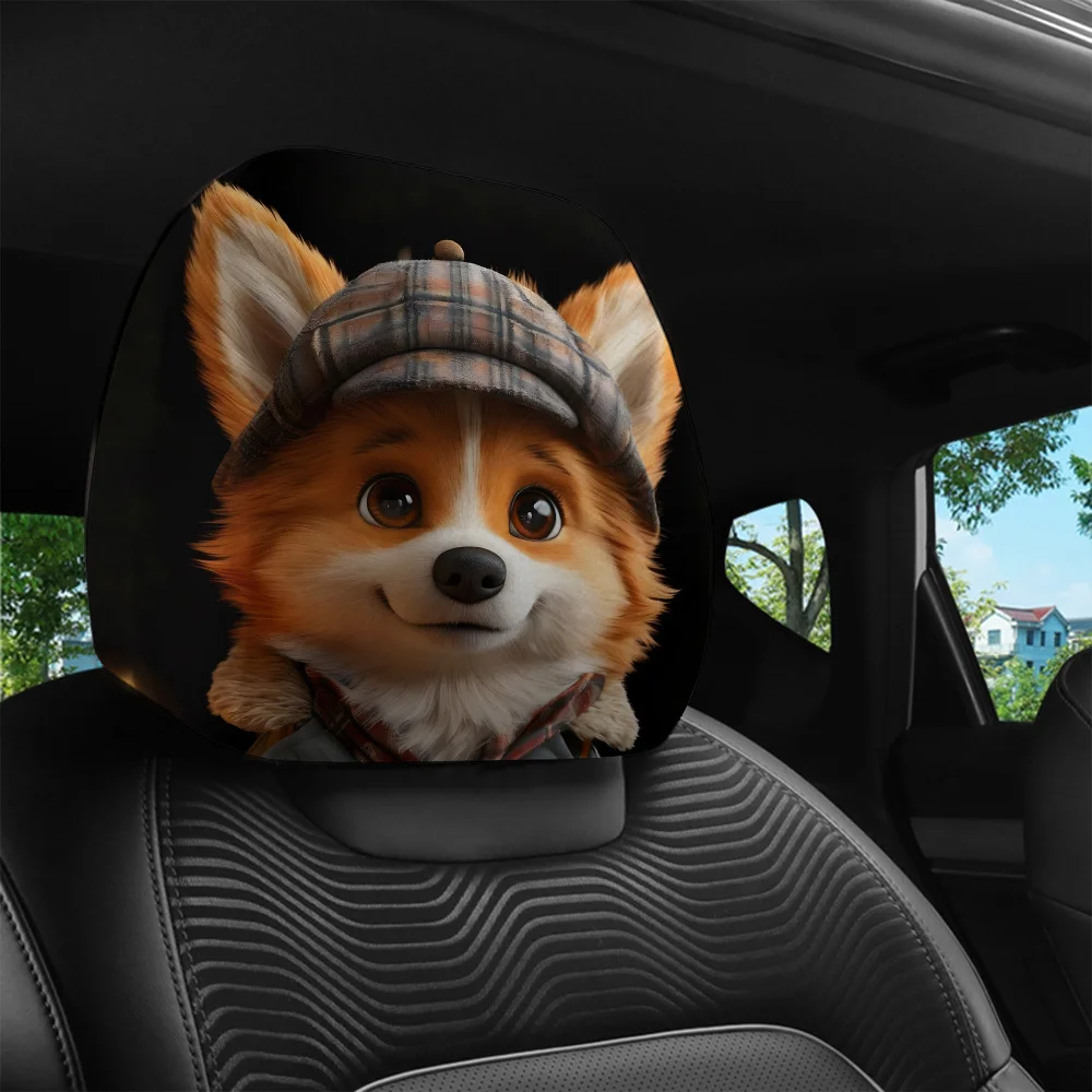 2Pcs Retro Detective Corgi Print Car Headrest Cover Polyester Fabric Machine Washable Easy Install Universal All Season Car