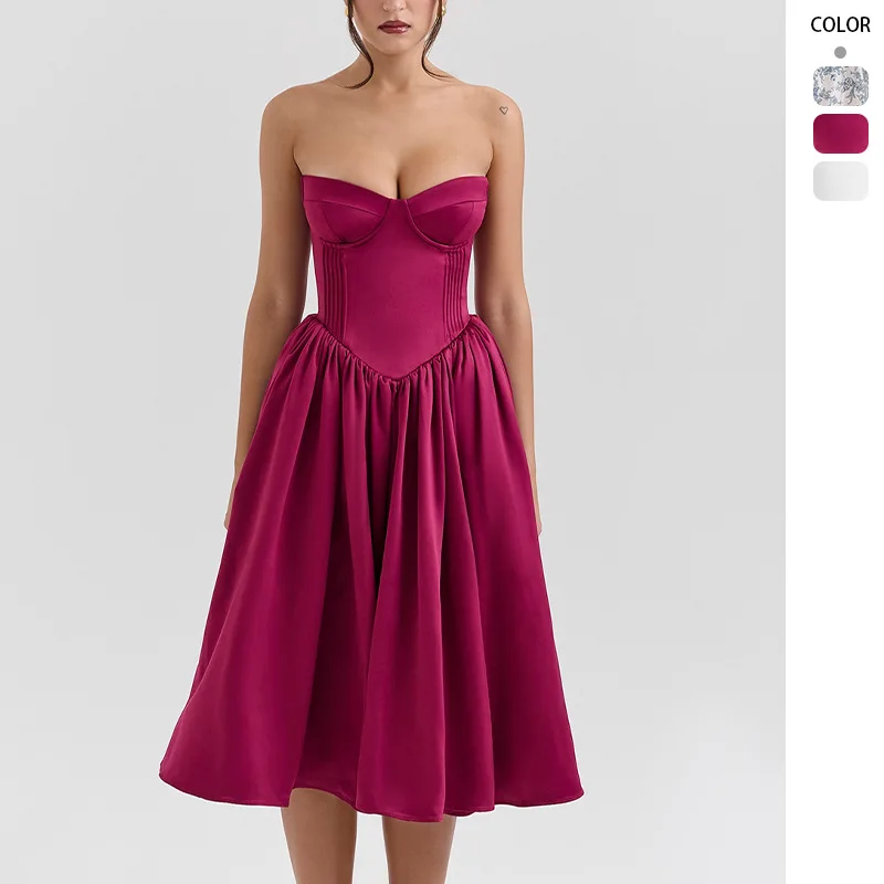 

FIGOHR Summer Women's Elegant Solid Strapless Dress Sexy Sweetheart Neckline A-Line Dress Female A-Line Fitted Waist Dress