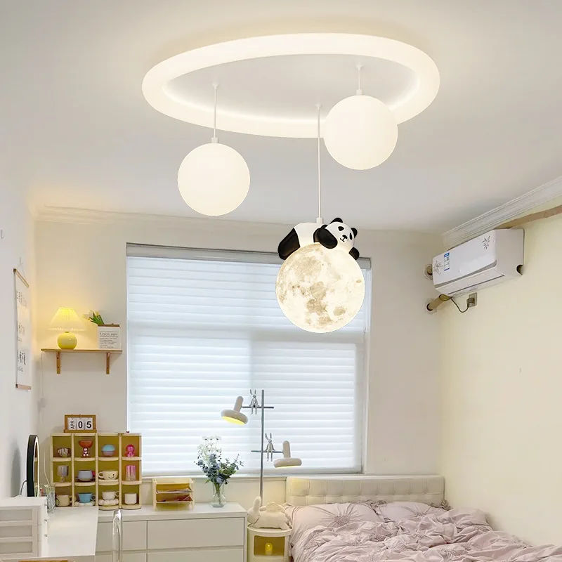 Cream Resin Panda LED Ceiling Lamps Modern Cartoon Ball Decorative Children's Room Bedroom Study Hotel White Lighting Fixtures