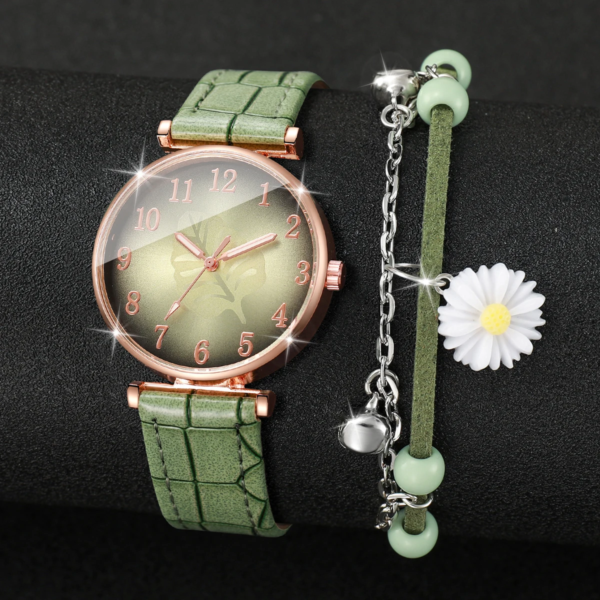 

2 шт., элегантные женские часы с циферблатом в виде листьев, комплект с браслетом в виде цветка, кожаный ремешок, кварцевые часы для женщин, часы Reloj Mujer (без коробки)