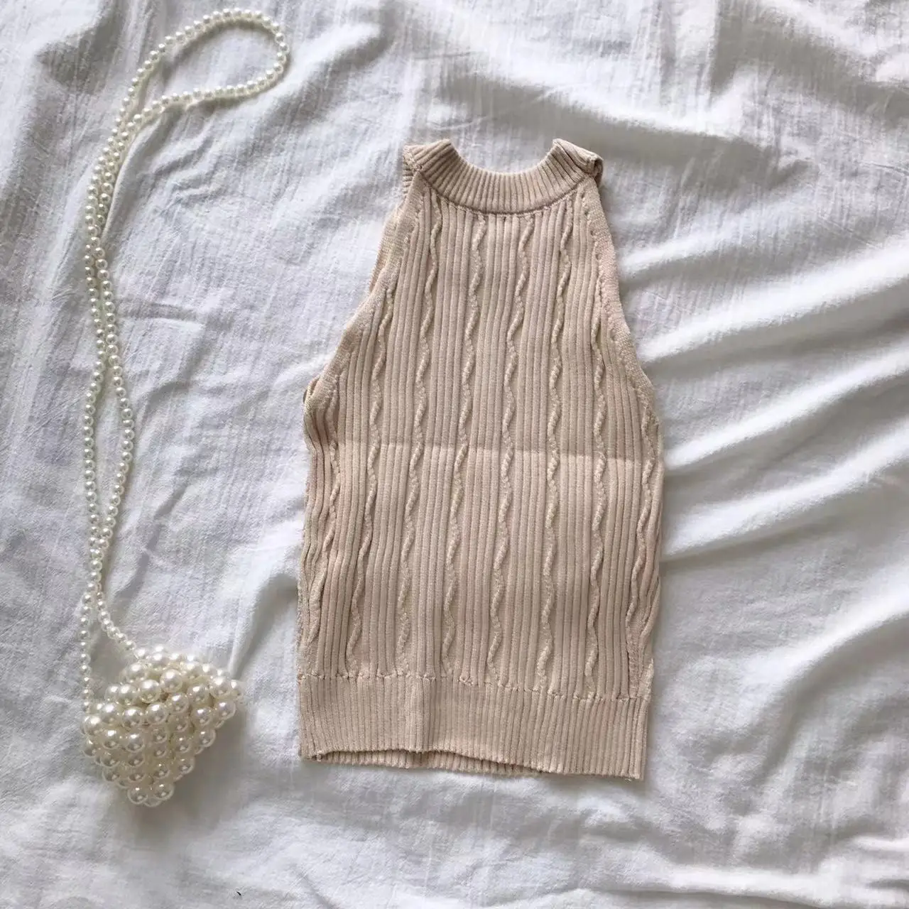 Camiseta de punto corta sin mangas con botones para mujer, camisola elástica, camisetas sin mangas con cuello Halter, Tops cortos para mujer 2024