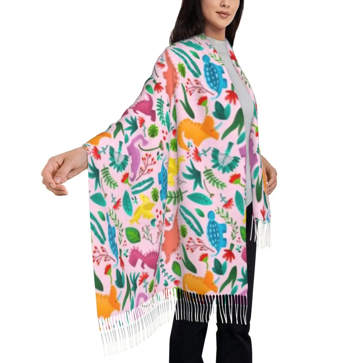 Pink Dinosaurs Shawl A Tassel Scarf