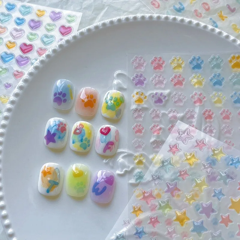 Jelly Clear Macaron Star Scrapbook Journal Stereo Stickers Star Heart DIY Decals for CCD Phone Case Aesthetic Glitter Sticker