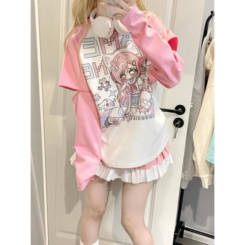 Original Design Game Girl Doll Long-Sleeve T-Shirt Pink Aesthetic Comic Y2K Top Spring Autumn Casual Oversized Top Anime Goth