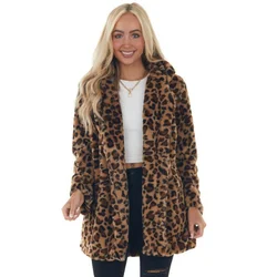 Women Autumn Winter Leopard Print Faux Fur Coat Long Sleeve Turn-down Collar New Fashion Outerwear Pocket Loose Thicken Overcoat