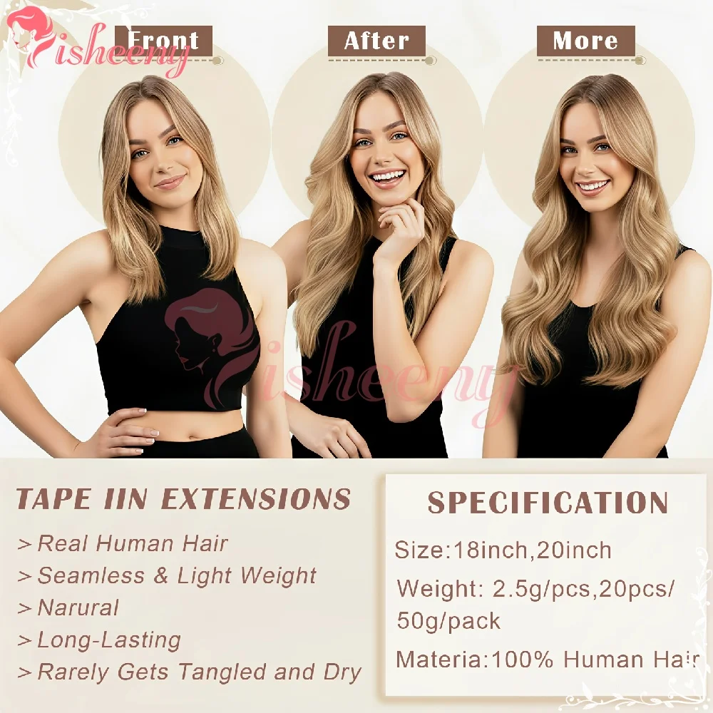 Isheeny Straight Tape In Hair Extensions Real Human Hair Invisible Seamless Adhesive Skin Weft Pre Taped Design Easy Apply Reusable For Thin Hair Women Daily Styling