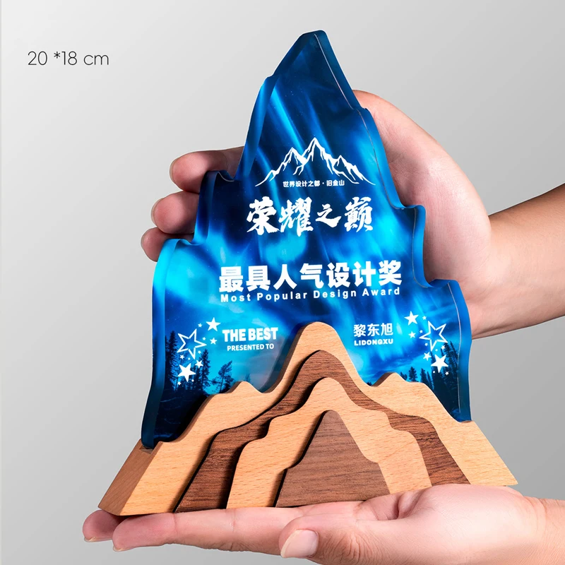 Customized Wood Crystal Trophy, Can Be Lettering Color Printing Souvenir Excellent Company Annual Meeting Award Decor Medal, 1Pc