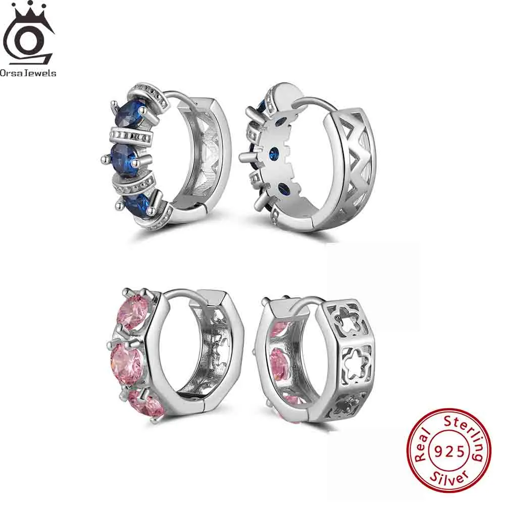 

ORSA JEWELS New Shiny Pink Blue Zircon Winding Hoop Earrings Fashion OL Style 925 Sterling Silver Clear CZ Ear Party Jewelry