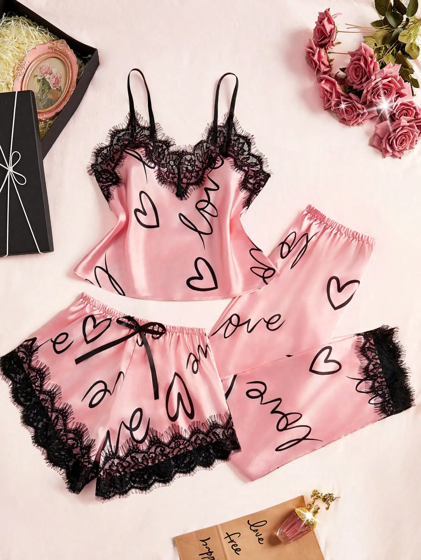

Pink Lace Trim Letter Print 3-Piece Pajama Set with Spaghetti Strap Top, Shorts & Pants for Women Sleepwear