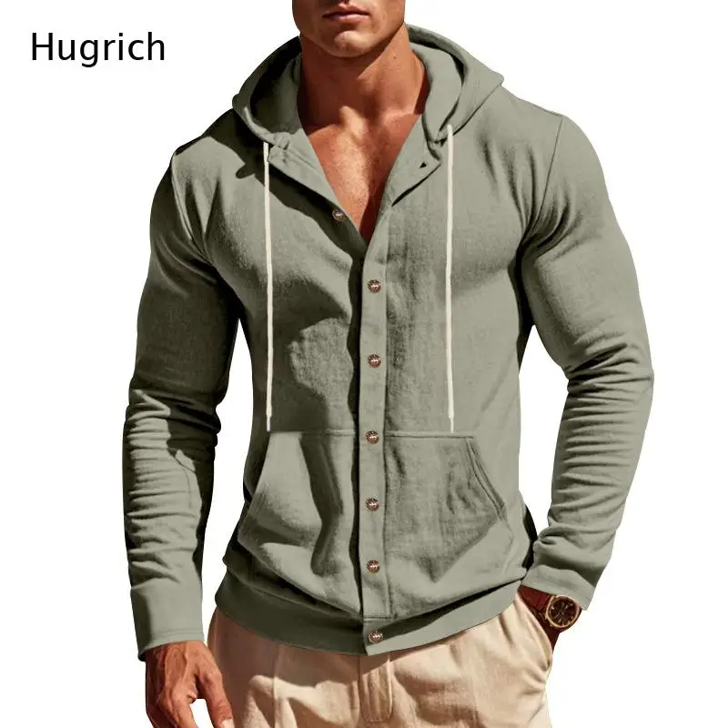 Drawstring Hood Kangaroo Pocket Button Up Hooded Jacket Daily Outdoor Mens Casual Coat