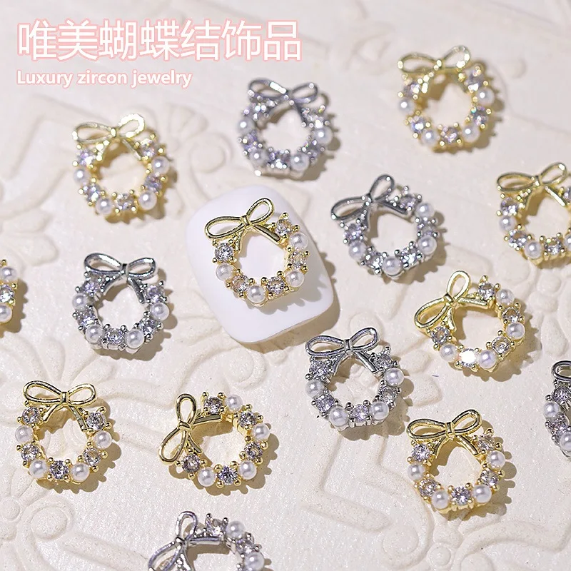 10pcs 3D BowTie Wreath Rhinestone Cryatal Zircon Nail Charms Gold/Silver Bowknot Manicure Accessories Wreath DIY Nail Jewelry