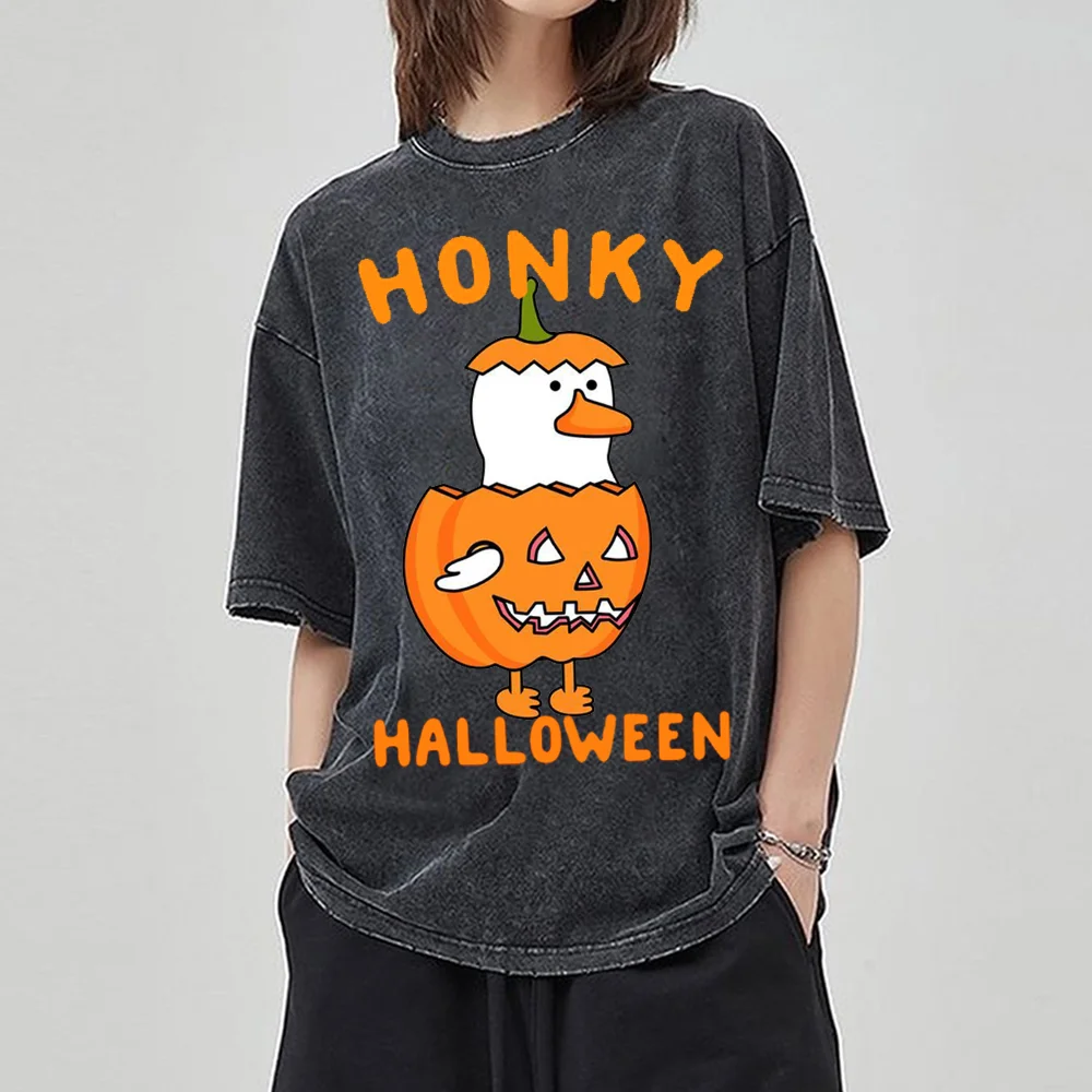 

Halloween Theme Spoof Women T-Shirt Loose Crew Neck Pumpkin Print Washed Short Sleeve Unisex Casual Funny Style Top Men