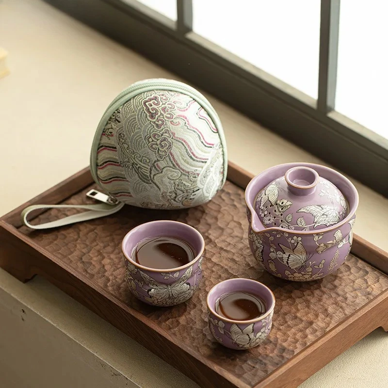 

Ru Kiln позолоченный серебряный бабочка дорожный чайный сервиз старинный 1 горшок 2 чашки органайзер для заваривания чая портативный сумочка для пикника украшения